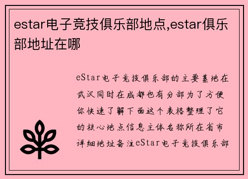 estar电子竞技俱乐部地点,estar俱乐部地址在哪