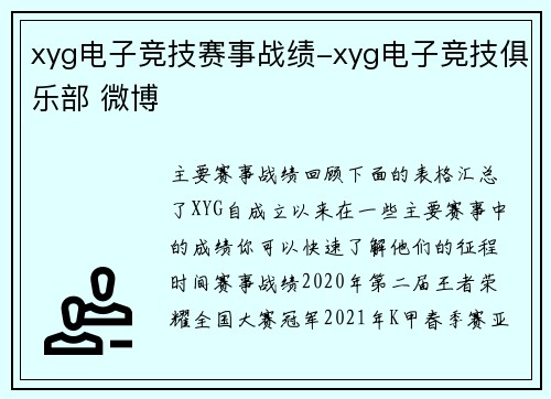 xyg电子竞技赛事战绩-xyg电子竞技俱乐部 微博